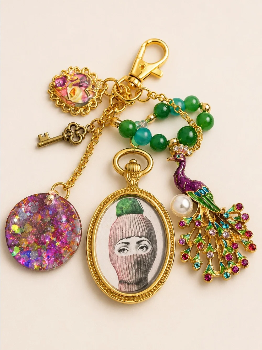 ✨Fornasetti Style Gold Vermeil Bag Charm Keychain | Italian Art Face Motif Y2K